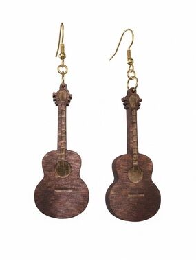 Wood Guitar Dangle Earrings - Brown and Gold